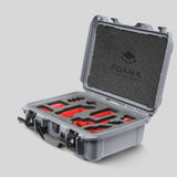 Angled view of Foama Silver Color Carry-on case and Custom Foam Insert with Red Layer for Sony FX-3