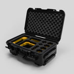 Angled view of Foama Black Color Carry-on case and Custom Foam Insert with Yellow Layer for Sony FX-6