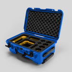 Angled view of Foama Blue Color Carry-on case and Custom Foam Insert with Yellow Layer for Sony FX-6
