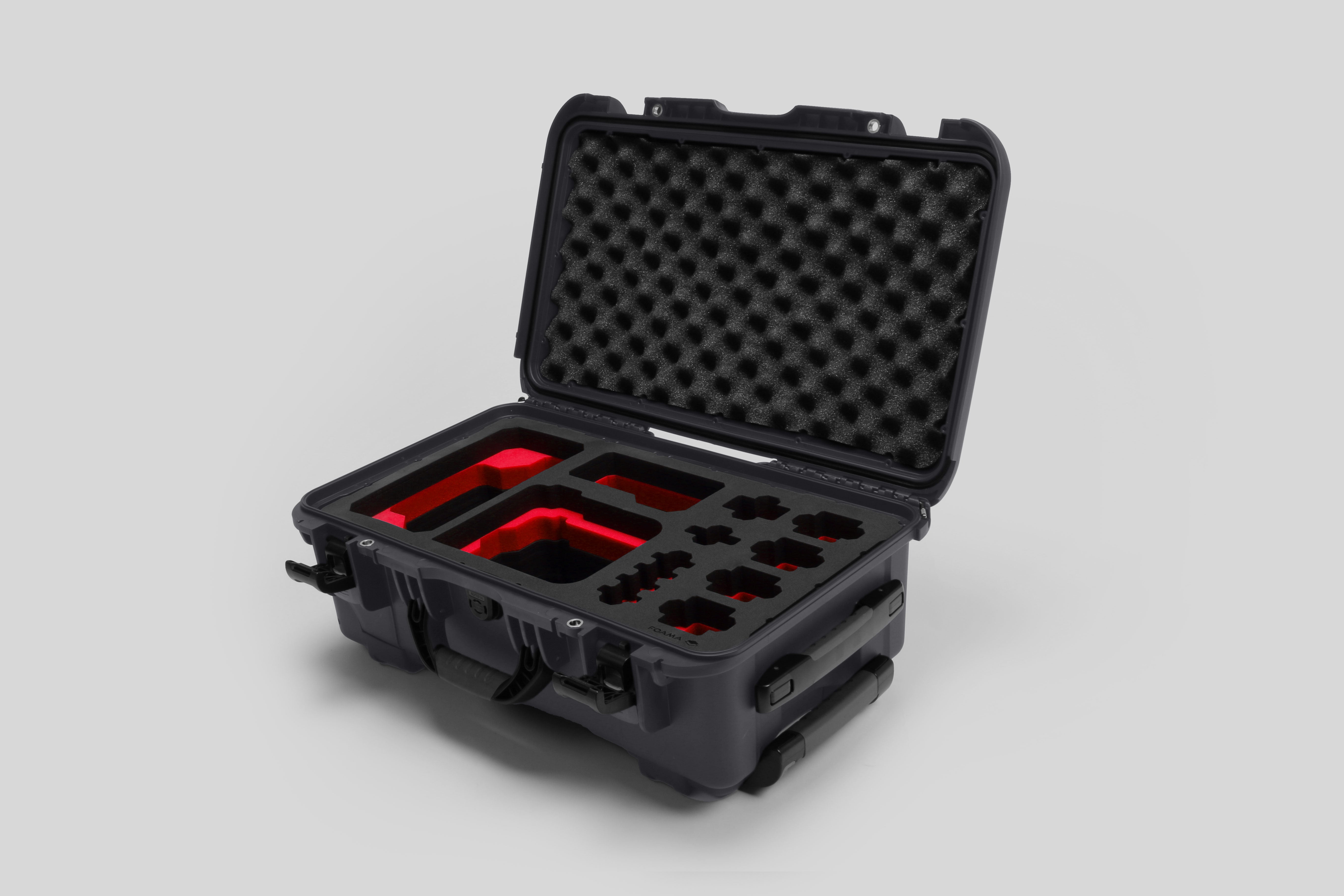 Angled view of Foama Graphite Color Carry-on case and Custom Foam Insert with Red Layer for Sony FX-6