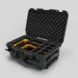 Angled view of Foama Olive Color Carry-on case and Custom Foam Insert with Yellow Layer for Sony FX-6