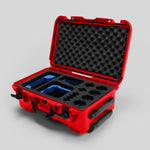 Angled view of Foama Red Color Carry-on case and Custom Foam Insert with Blue Layer for Sony FX-6