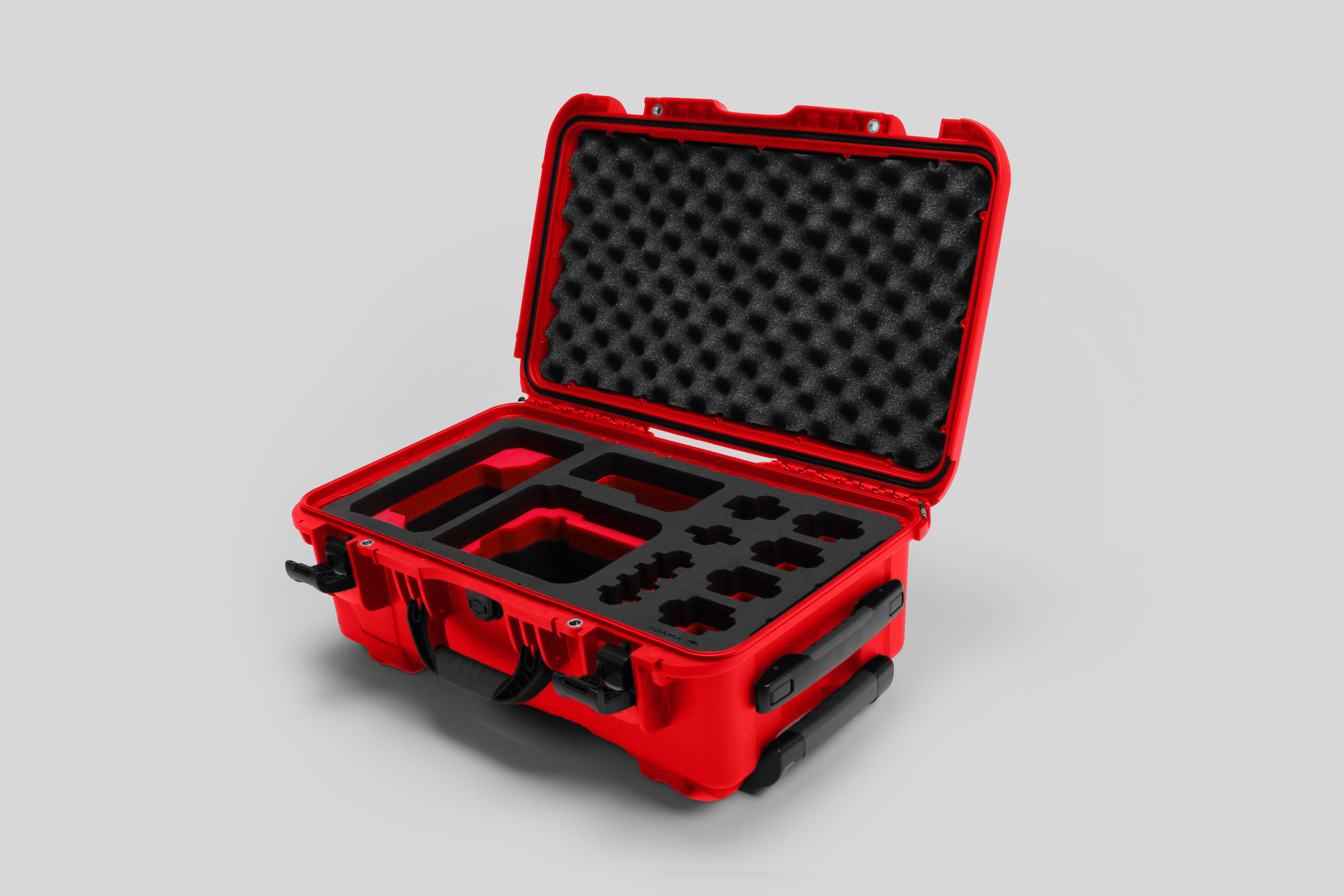 Angled view of Foama Red Color Carry-on case and Custom Foam Insert with Red Layer for Sony FX-6