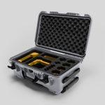 Angled view of Foama Silver Color Carry-on case and Custom Foam Insert with Yellow Layer for Sony FX-6