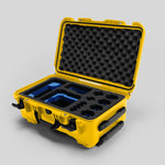 Angled view of Foama Yellow Color Carry-on case and Custom Foam Insert with Blue Layer for Sony FX-6