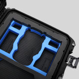 Close up view 1 of a DJI Mini 3 & 4 Pro Black Color Hard Case with Custom Blue Foam Insert