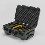 Angled view of Foama Olive Color Travel Case and Custom Foam Insert with Yellow Layer for RED Monstro